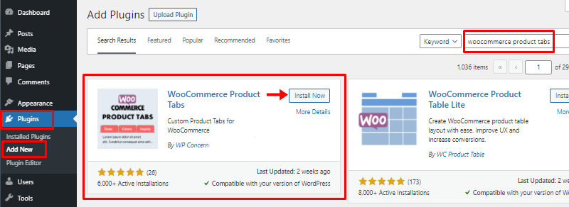 Install WooCommerce Product Tabs 